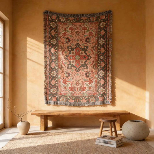 Anatolian Inspired woven wall tapestry with rug-style pattern styled as textile wall decor