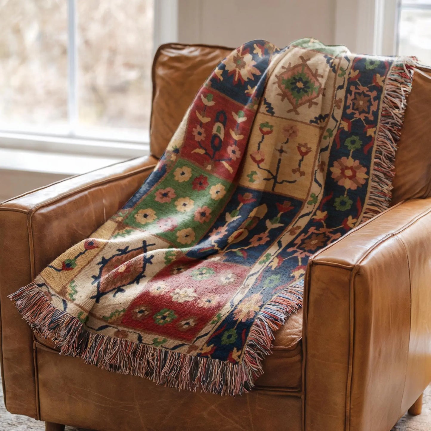 Boho Cotton Throw Blanket - Checkered Floral Sofa Throw, Colorful Fringed Accent