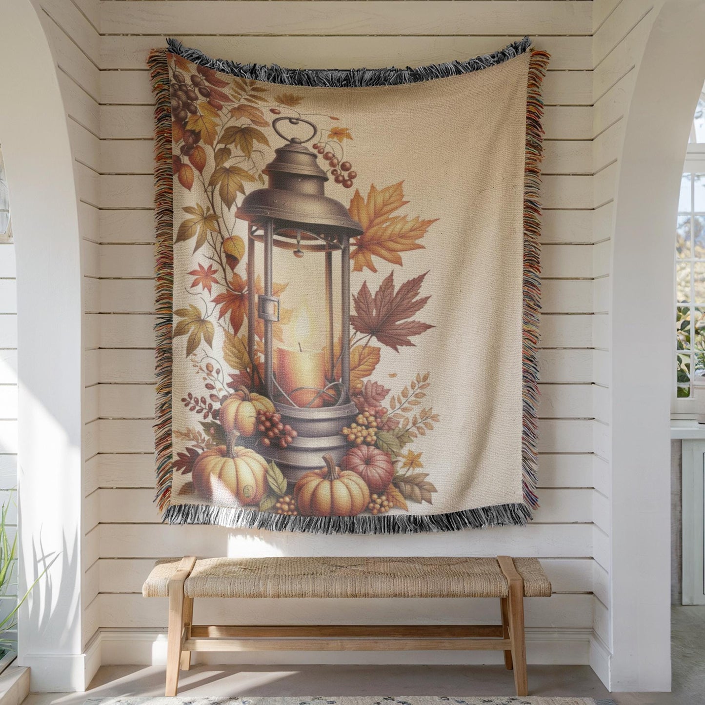 Texture Wall Art - Cozy Rustic Decoration With Pumpkin, Autumn Leaves & Colorful Fringed Edges