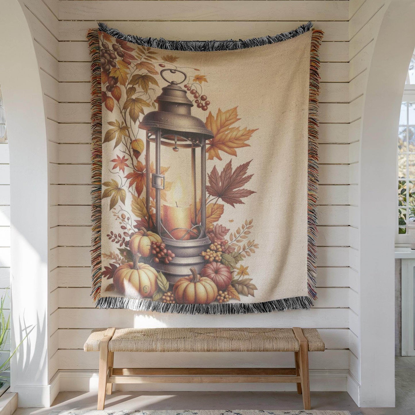 Texture Wall Art - Cozy Rustic Decoration With Pumpkin, Autumn Leaves & Colorful Fringed Edges - timelessbohochic.com