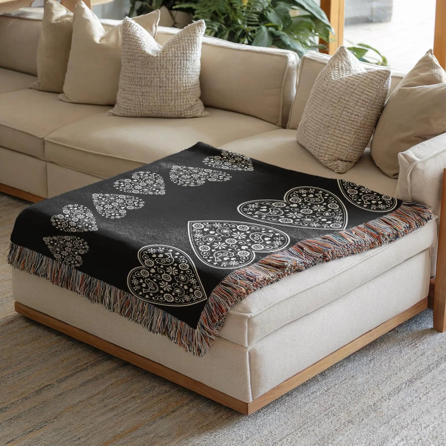 Cotton Woven Blanket – Scandinavian Throw With Scandi Hearts Pattern & Fringed Edges