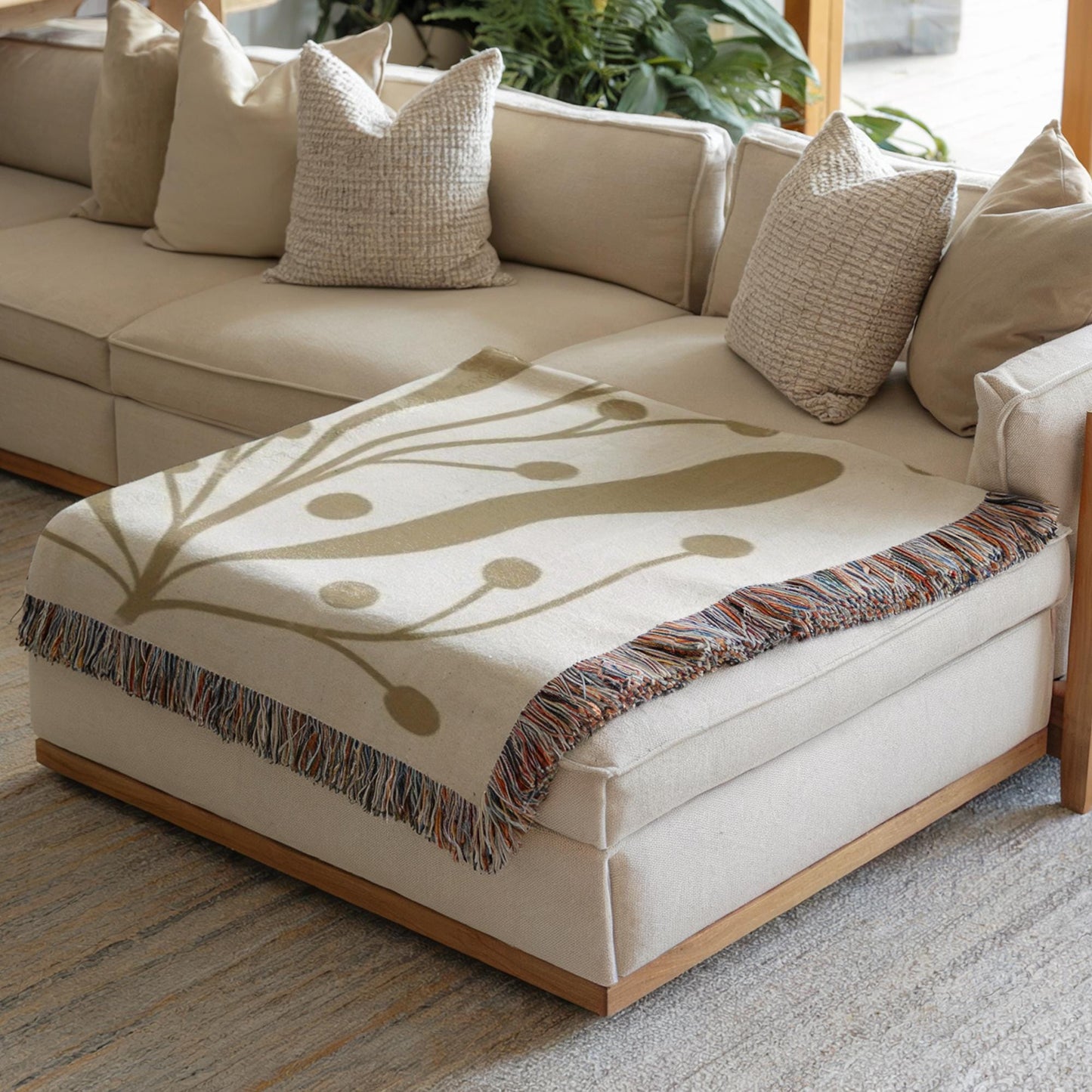 Mid Century Modern Blanket - Woven Cotton Throw With Botanical Pattern & Colorful Fringed Edges