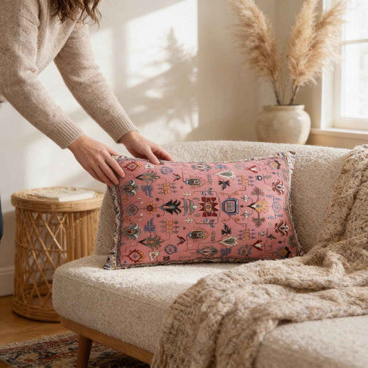 Anatolian Inspired throw pillow with rug-style pattern styled on a sofa or bed