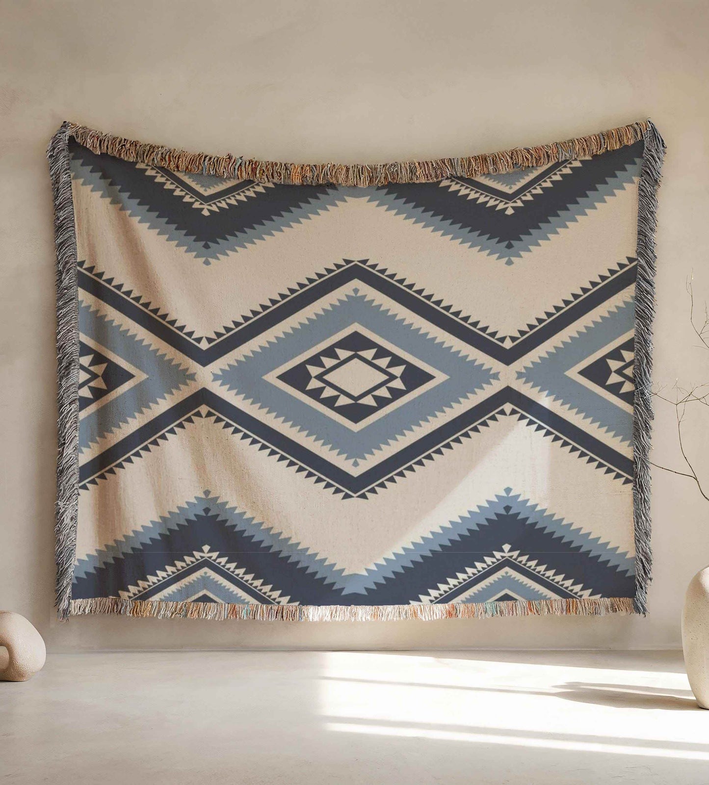 Tribal Woven Tapestry – Southwestern Wall Hanging With Colorful Fringed Edges - timelessbohochic.com