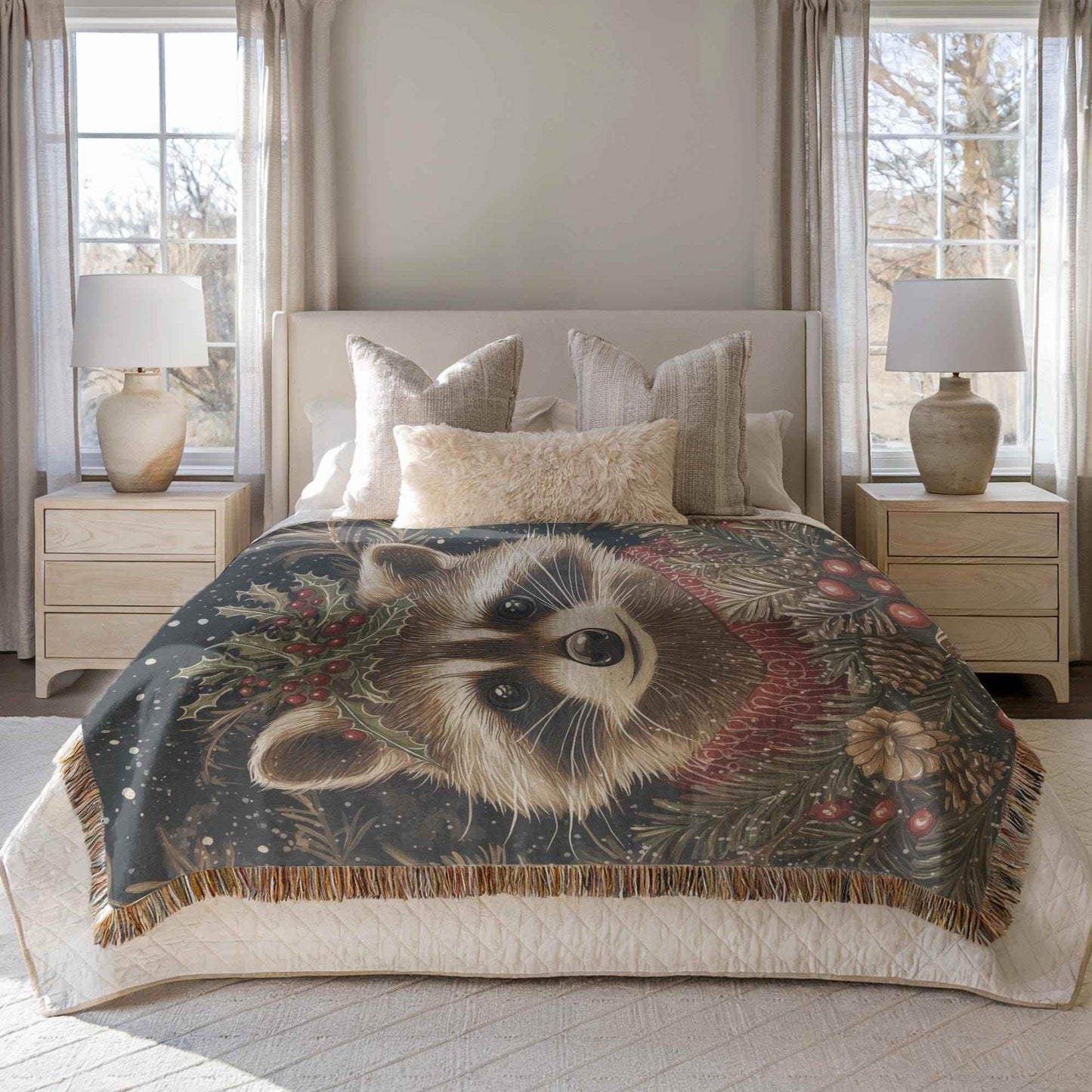 Racoon Blanket - Cozy Cotton Throw with Woodland Animal Design | Festive Home Decor - timelessbohochic.com