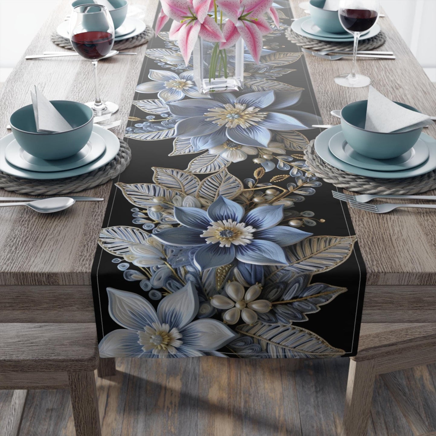 Poinsettia Table Runner – Baby Blue & Gold Christmas Table Decor | Elegant Holiday Accent