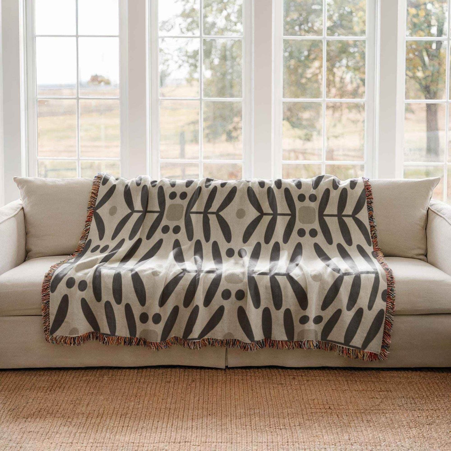 Scandinavian Woven Blanket - Cotton Throw With Textured Floral Design & Fringed Edges - timelessbohochic.com