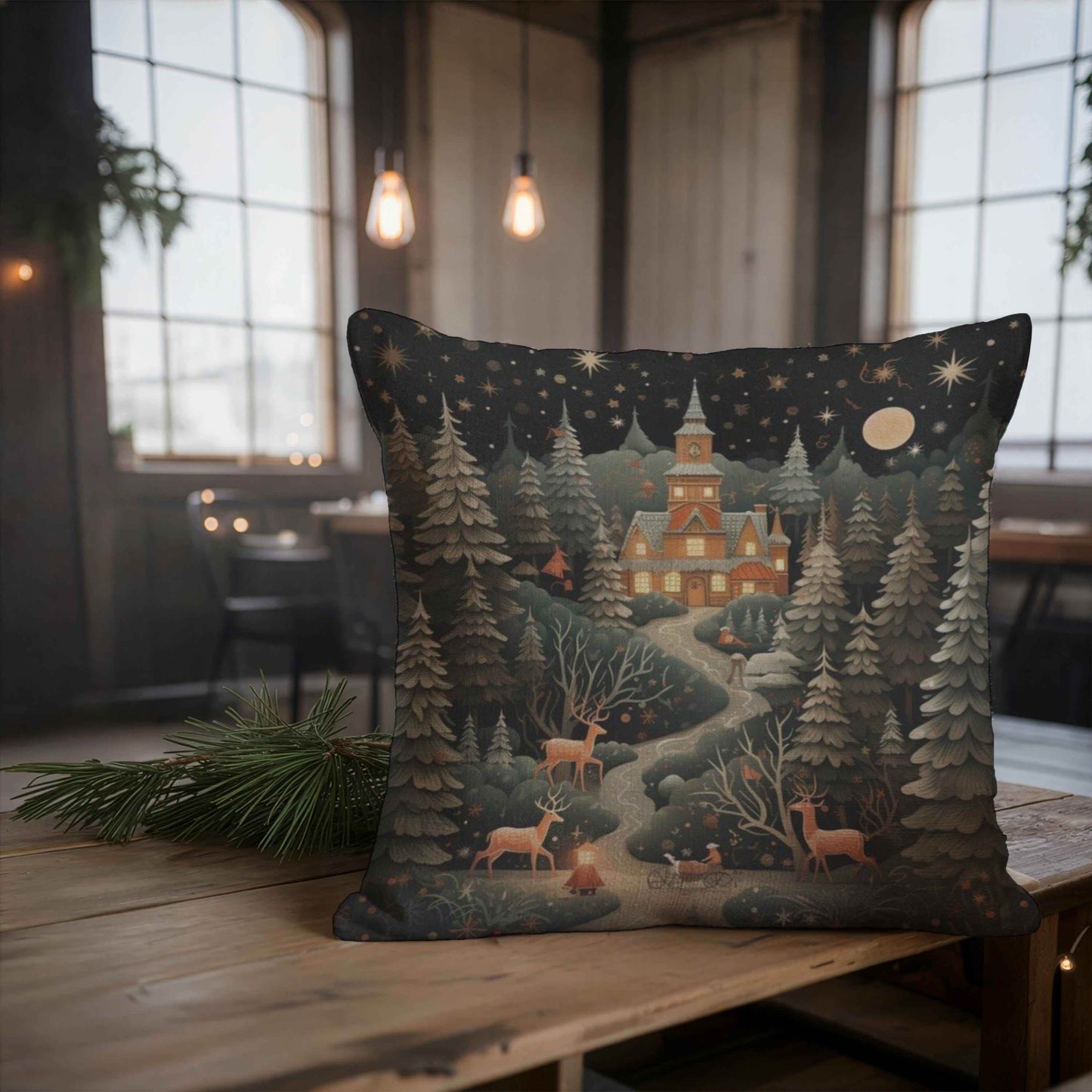Folk Art Pillow Woven Throw Holiday Decor Cushion – Winter Castle Christmas Tree - timelessbohochic.com