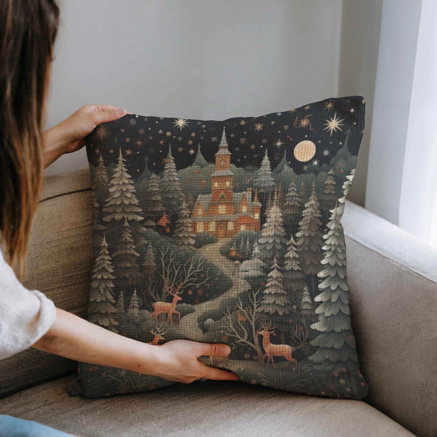 Folk Art Pillow Woven Throw Holiday Decor Cushion – Winter Castle Christmas Tree - timelessbohochic.com