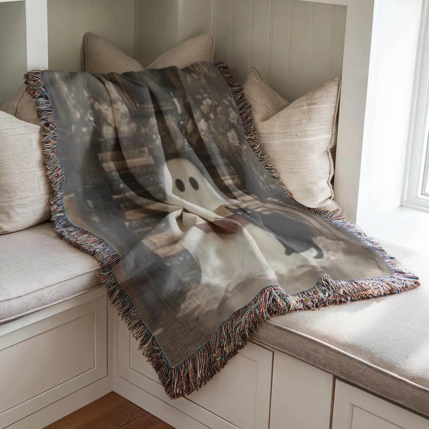 Ghost Book Blanket – Cozy Cat Throw | Soft Cotton Cover, Halloween Decor - timelessbohochic.com
