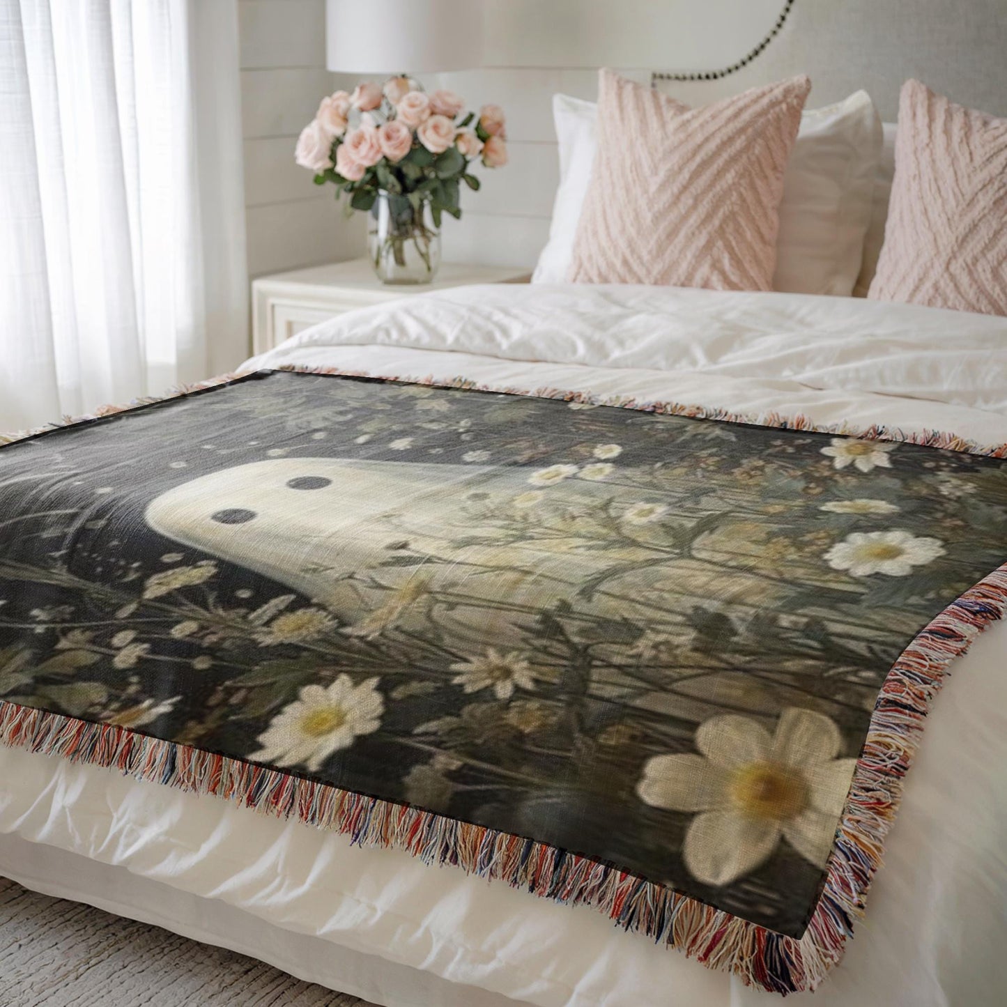 Ghost Meadow Blanket – Floral Wildflower Throw With Soft Fringed Edges