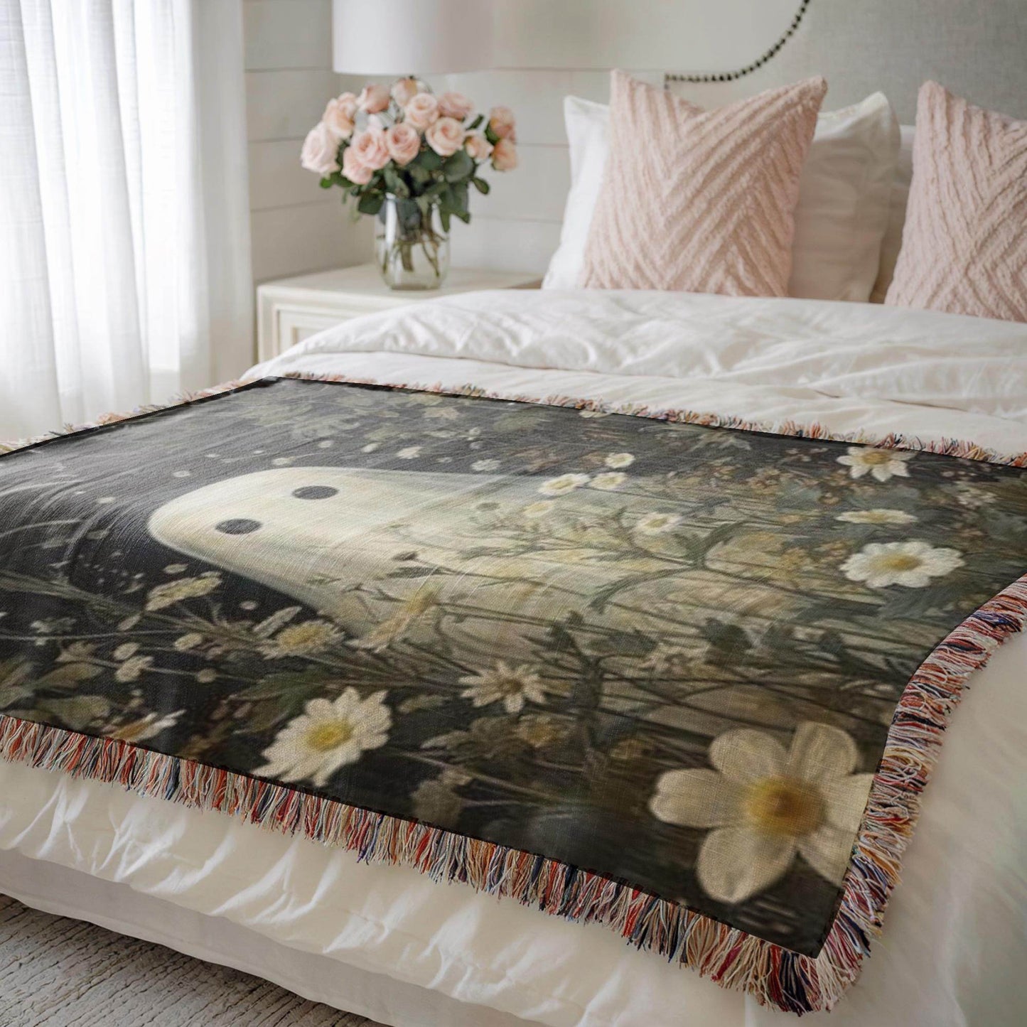 Ghost Meadow Blanket – Floral Wildflower Throw With Soft Fringed Edges - timelessbohochic.com