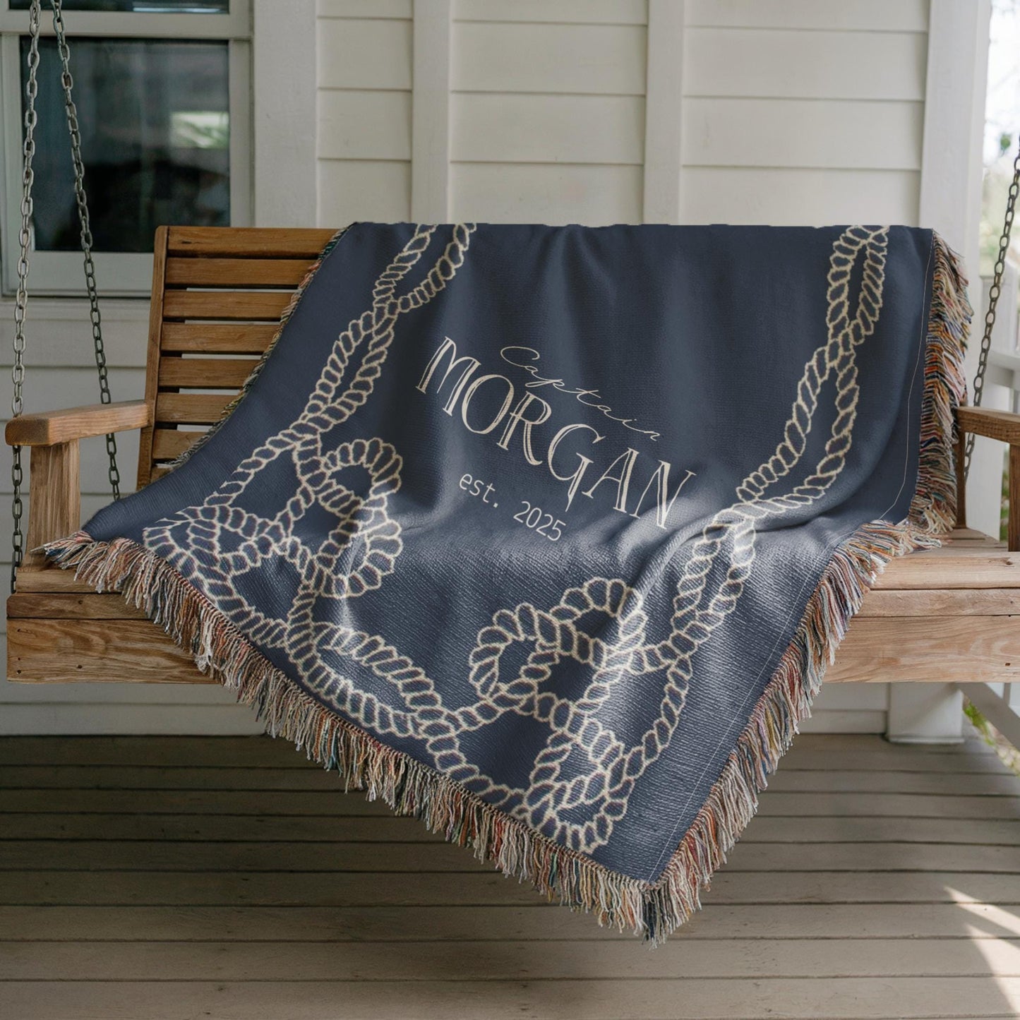 Marine Captain Blanket – Personalized Cotton Throw With Nautical Rope Knot Design
