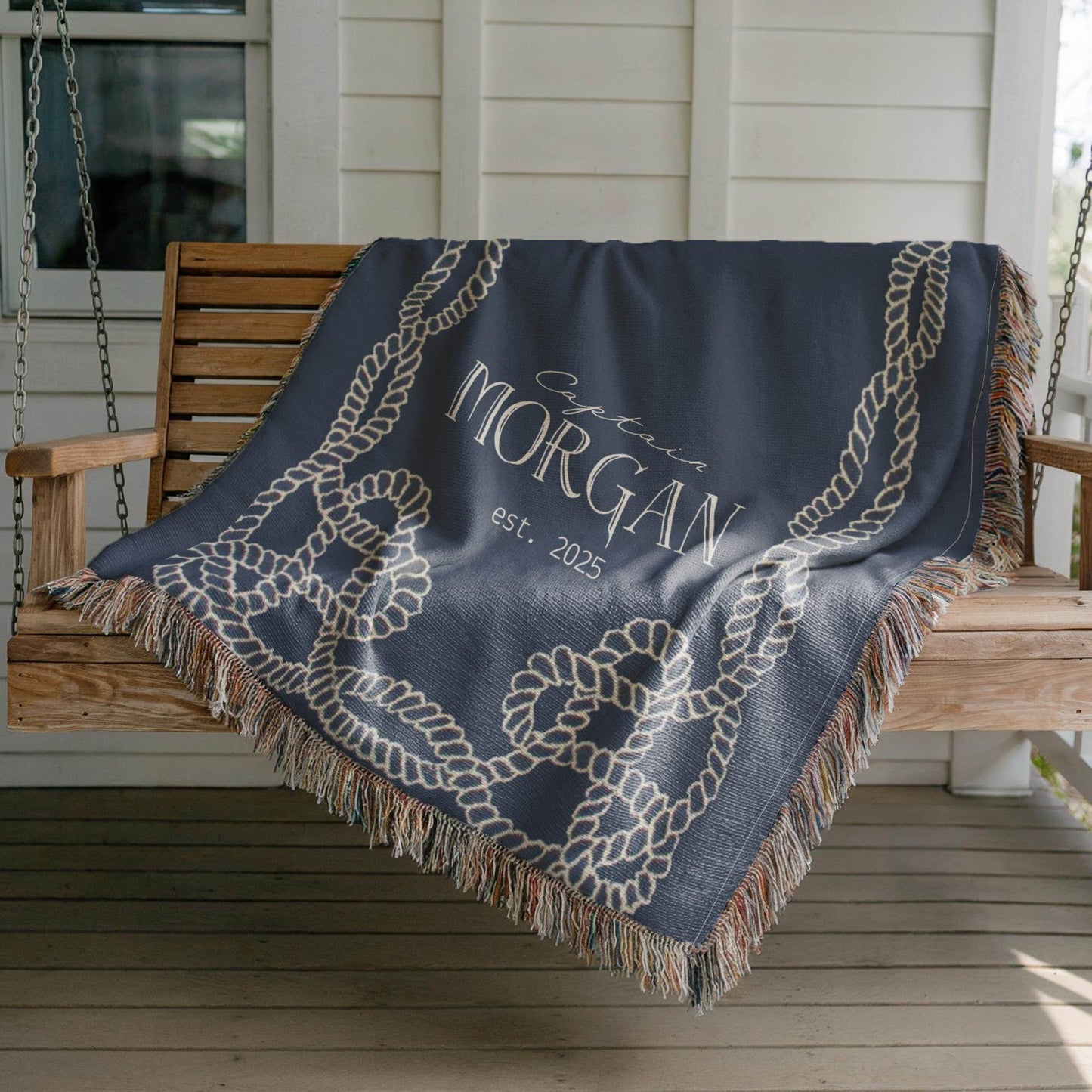 Marine Captain Blanket – Personalized Cotton Throw With Nautical Rope Knot Design - timelessbohochic.com