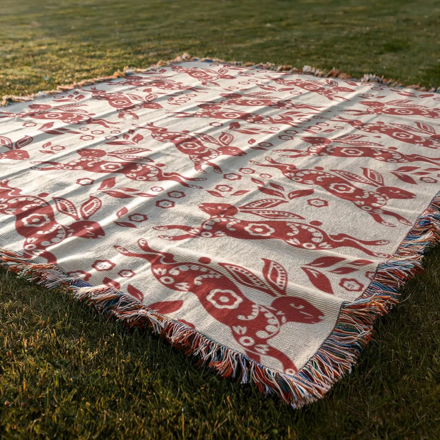 Nordic Cotton Throw – Cozy Boho Sofa Blanket With Dala Bunny Design & Lightweight Picnic Wrap