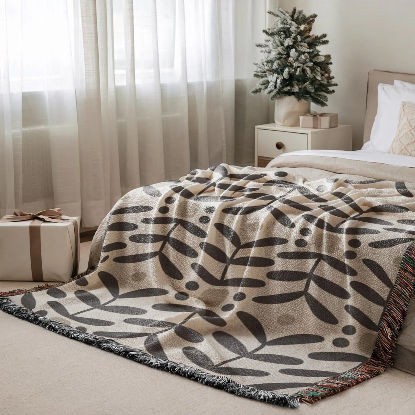 Woven Blanket Cozy Throw - Mid Century Modern Scandi Nordic Floral Home Decor Accent