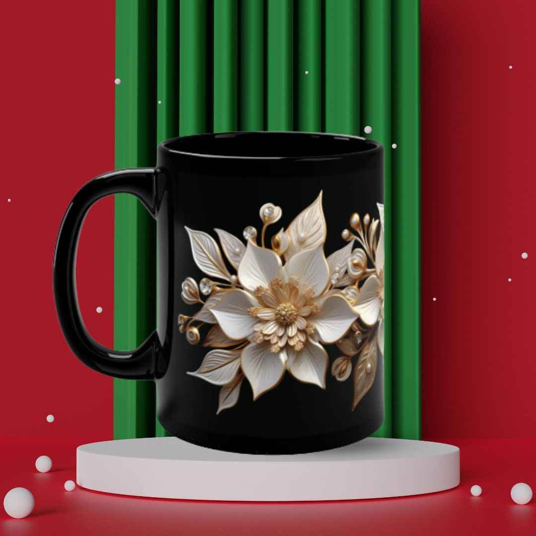 Gold Ceramic Mug – 11oz White Ceramic Cup With Poinsettia Coffee Design - timelessbohochic.com