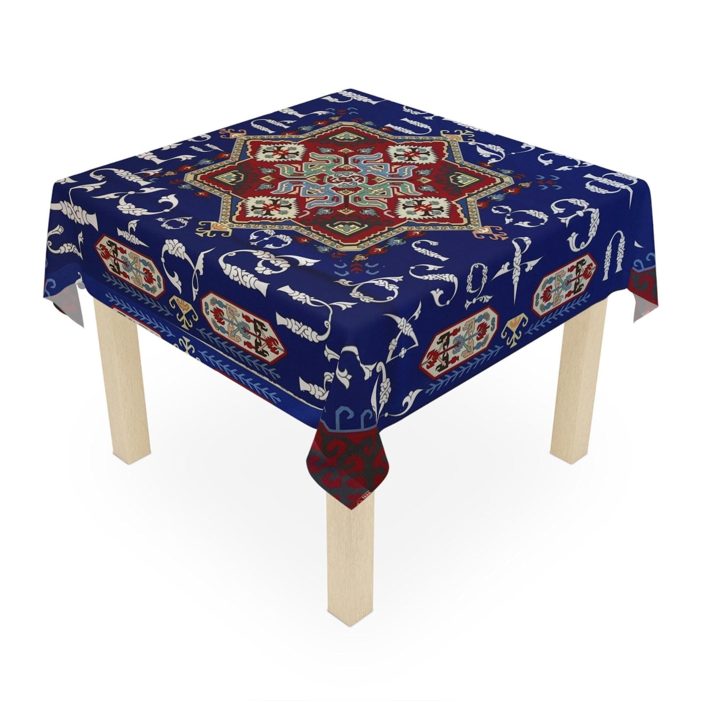 Armenian Art Tablecloth - Blue White Armenian Alphabet Cloth | Unique Ethnic Dining Decor