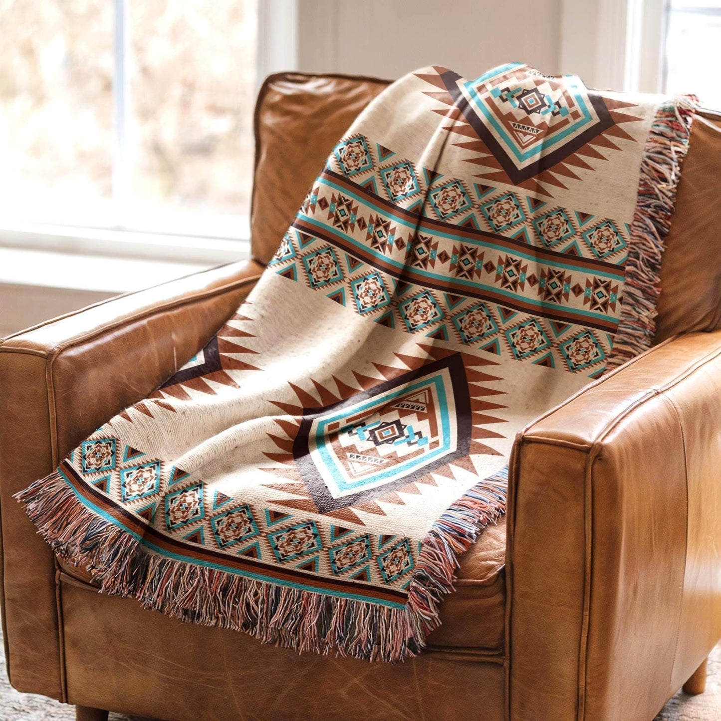 Southwest Native American Blanket - Cotton Woven Throw With Rustic Navajo Print