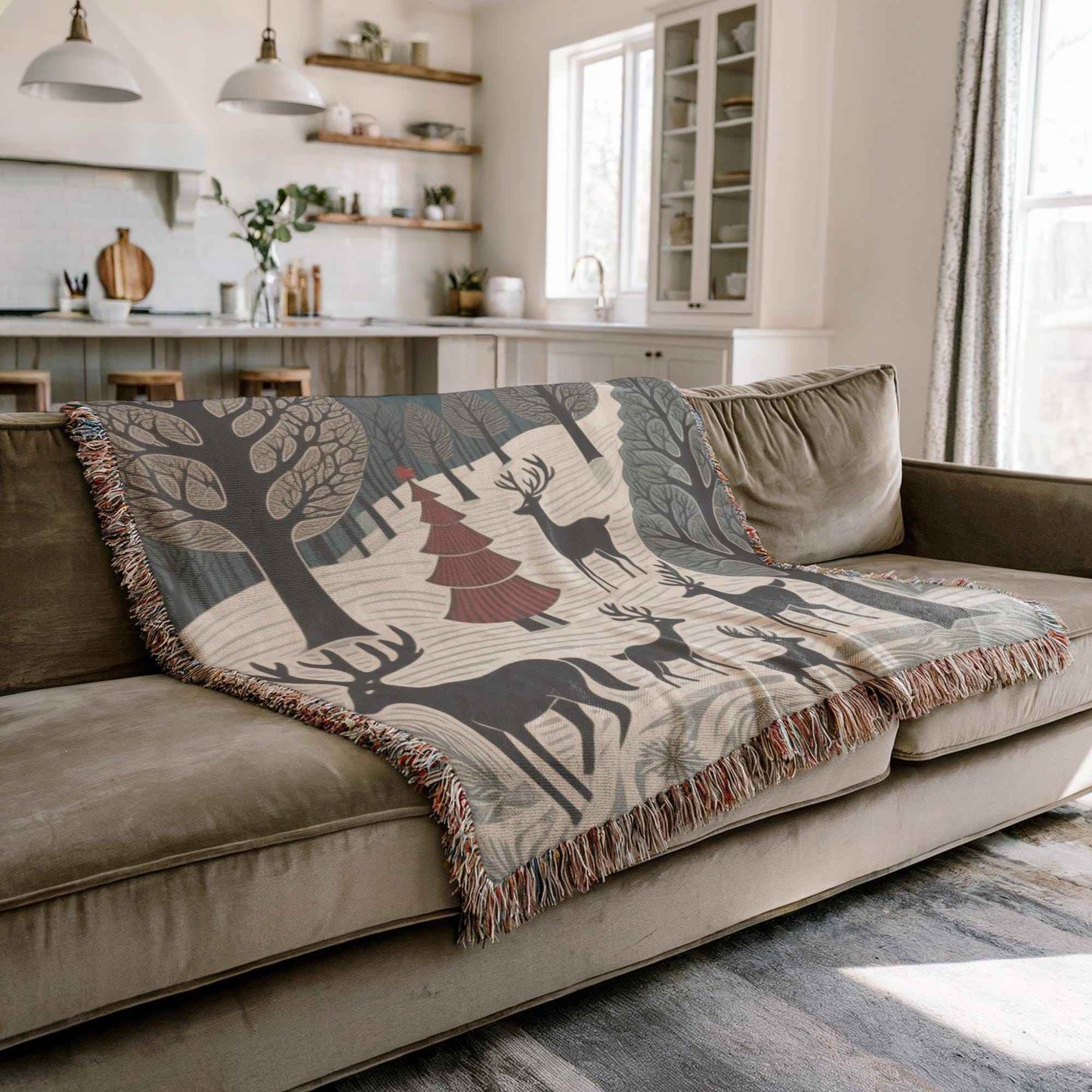 Holiday Couch Cover - Cozy Cotton Throw with Reindeer Blanket | Winter Forest Decor - timelessbohochic.com