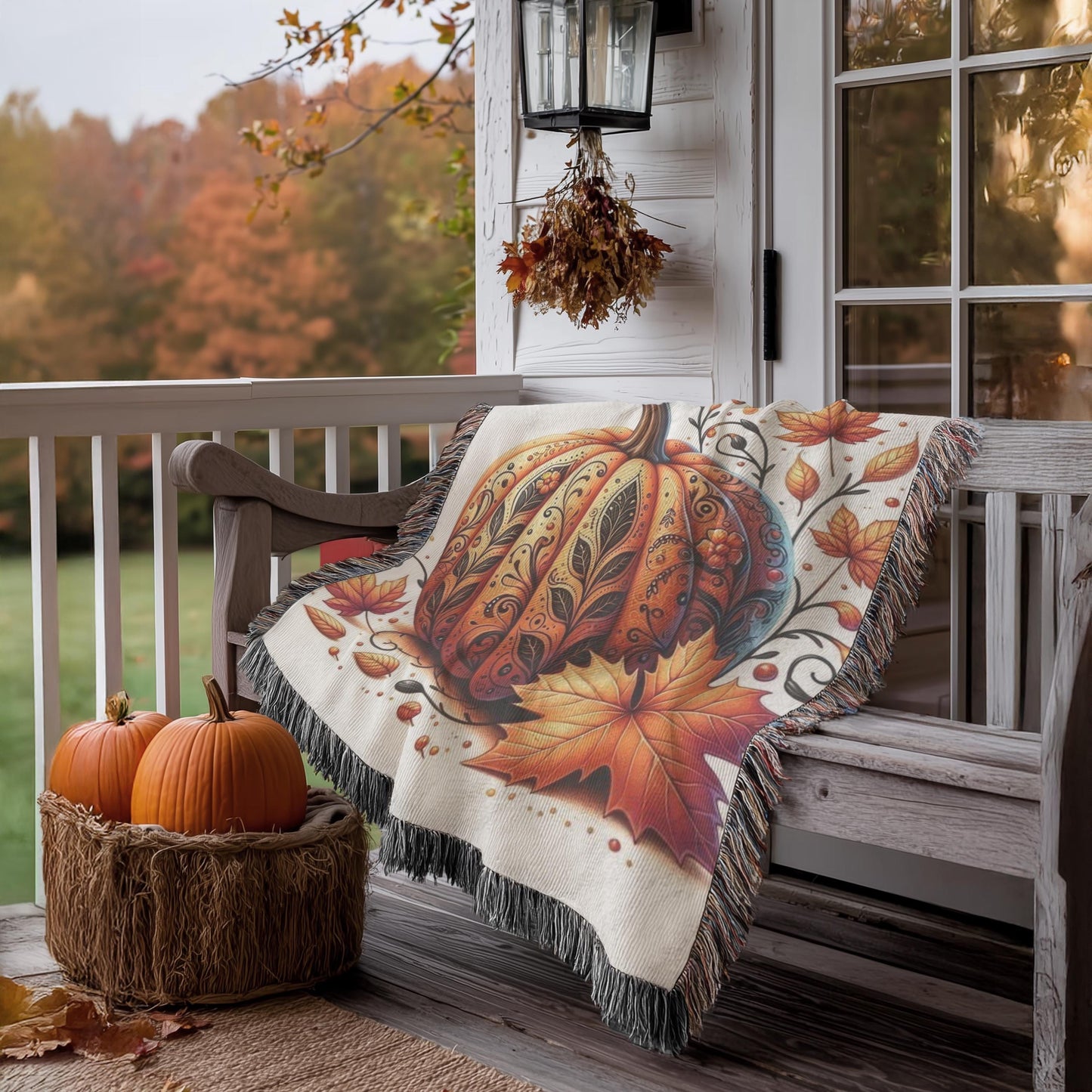 Thanksgiving Pumpkin Blanket - Woven Throw With Tattooed Pumpkin Design, Cozy Fall Decor