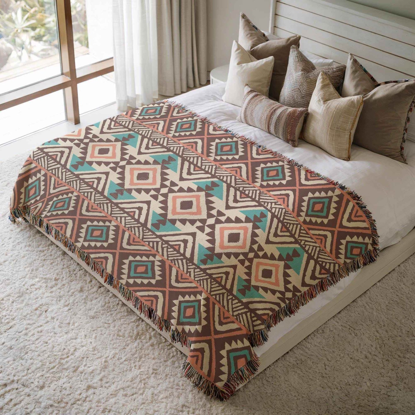 Tribal Patterned Throw Blanket – Woven Cotton Navajo Style, Soft Warm Coverlet - timelessbohochic.com
