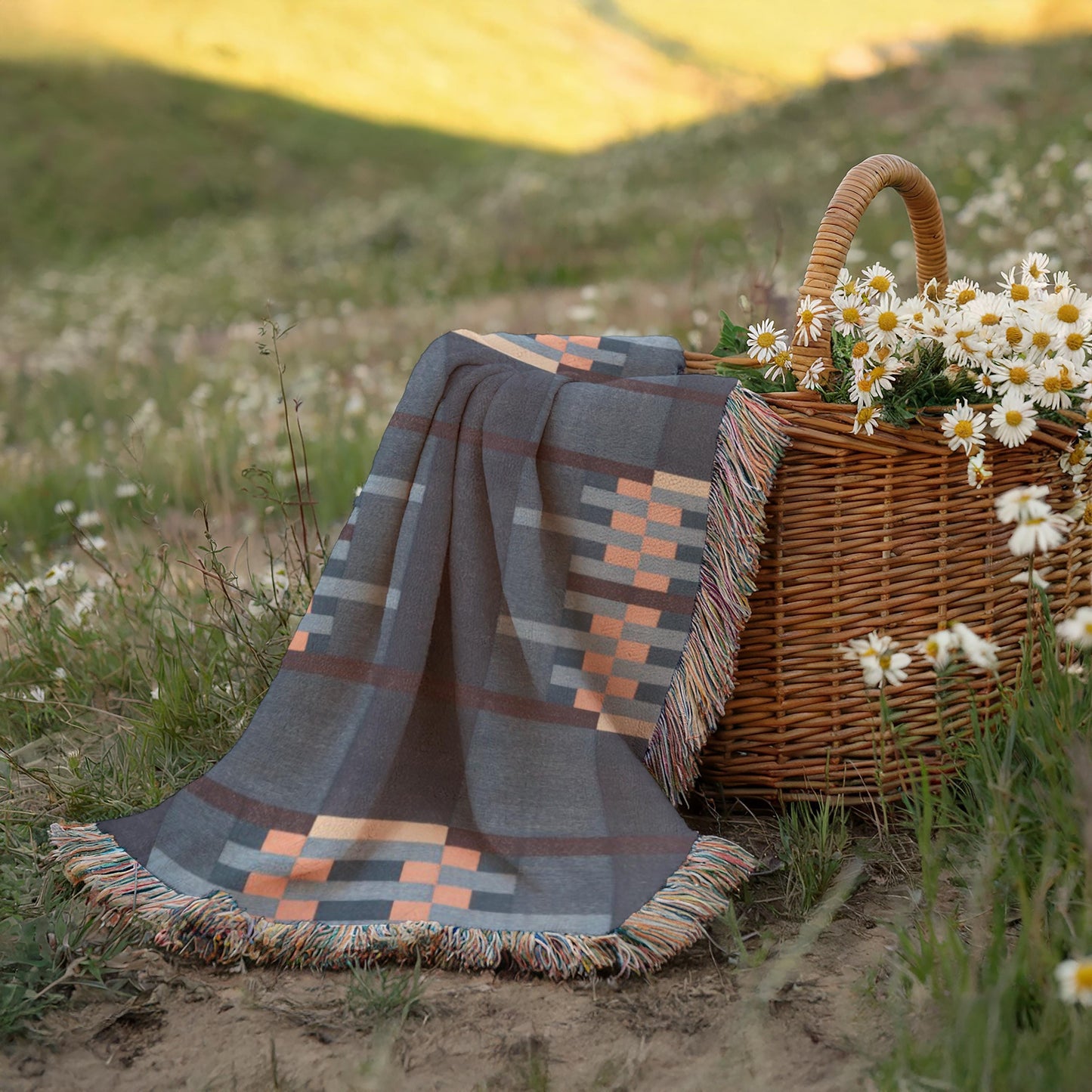 Cotton Woven Throw - Mid Century Modern Patio Picnic Blanket with Colorful Fringed Edges