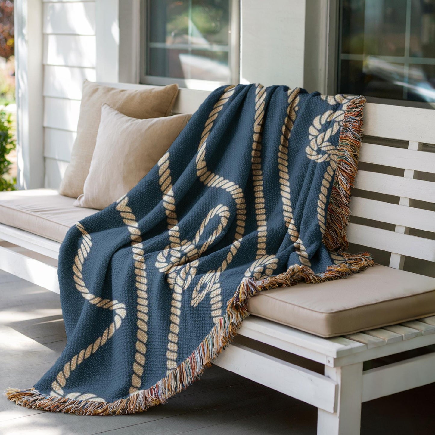 Marine Woven Blanket – Nautical Cord Throw With Colorful Fringed Edges