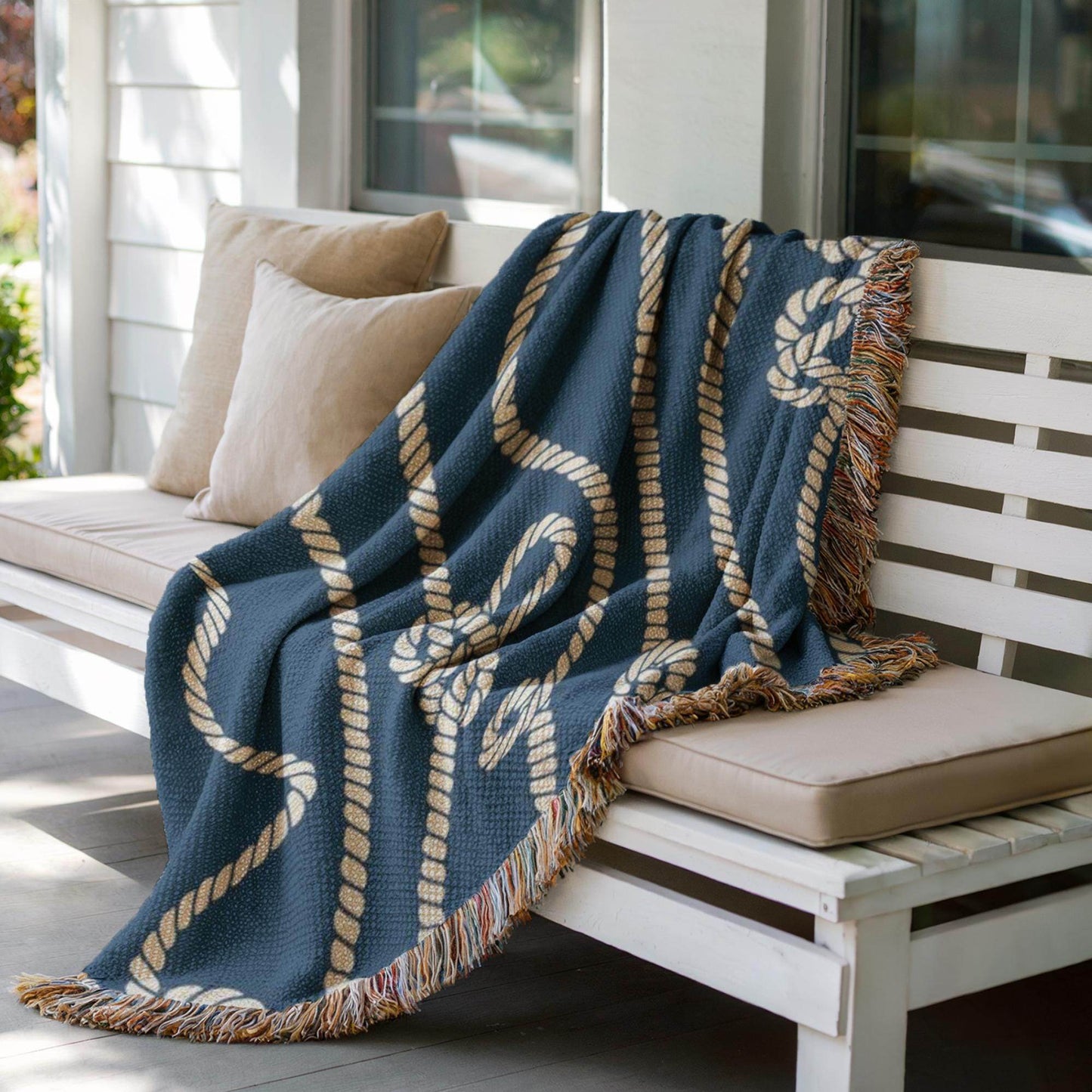 Marine Woven Blanket – Nautical Cord Throw With Colorful Fringed Edges - timelessbohochic.com