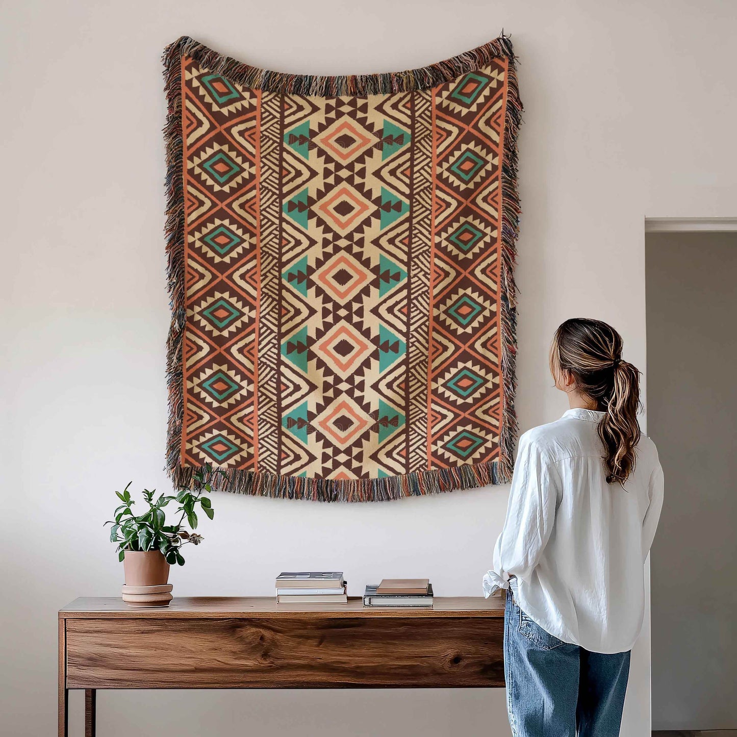 Tribal Throw Blanket – Navajo Blanket Woven Tapestry With Geometric Pattern - timelessbohochic.com