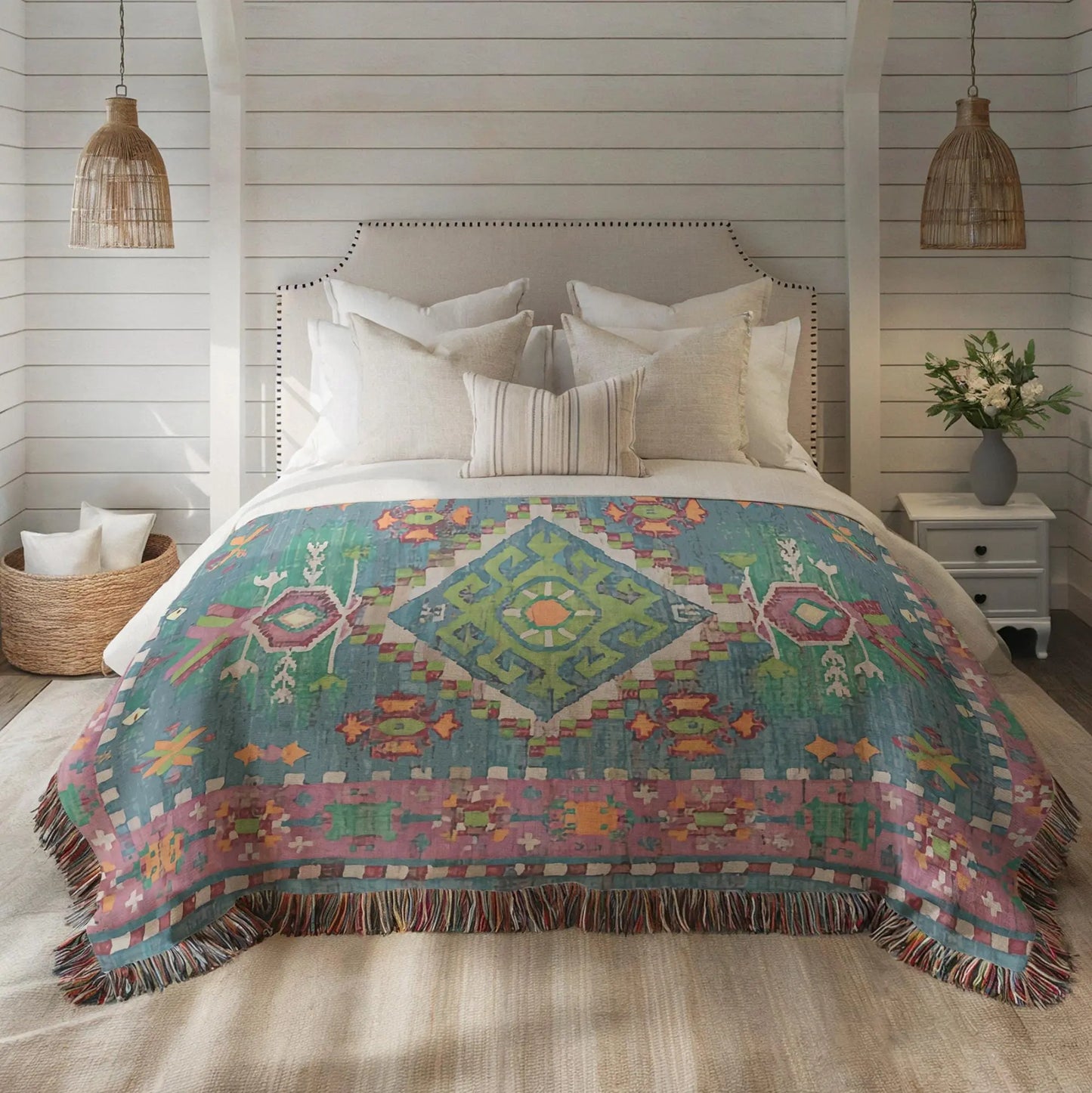 Cotton Throw Blanket – Persian Rug Throw With Colorful Fringed Edges | Boho Home Decor