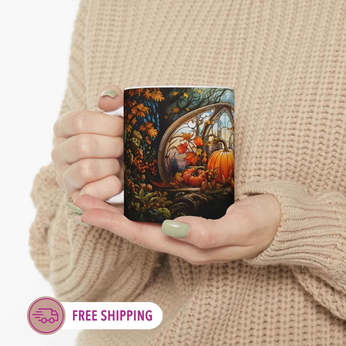 Fall Pumpkin Mug - Personalized Ceramic Mug With Stained Glass Design, 11oz - timelessbohochic.com