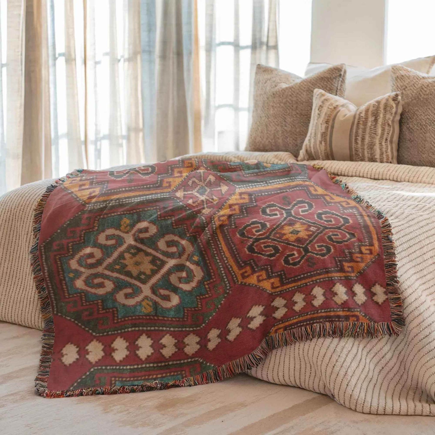 Woven Turkish Throw Blanket with Anatolian Pattern & Colorful Fringed Edges - timelessbohochic.com