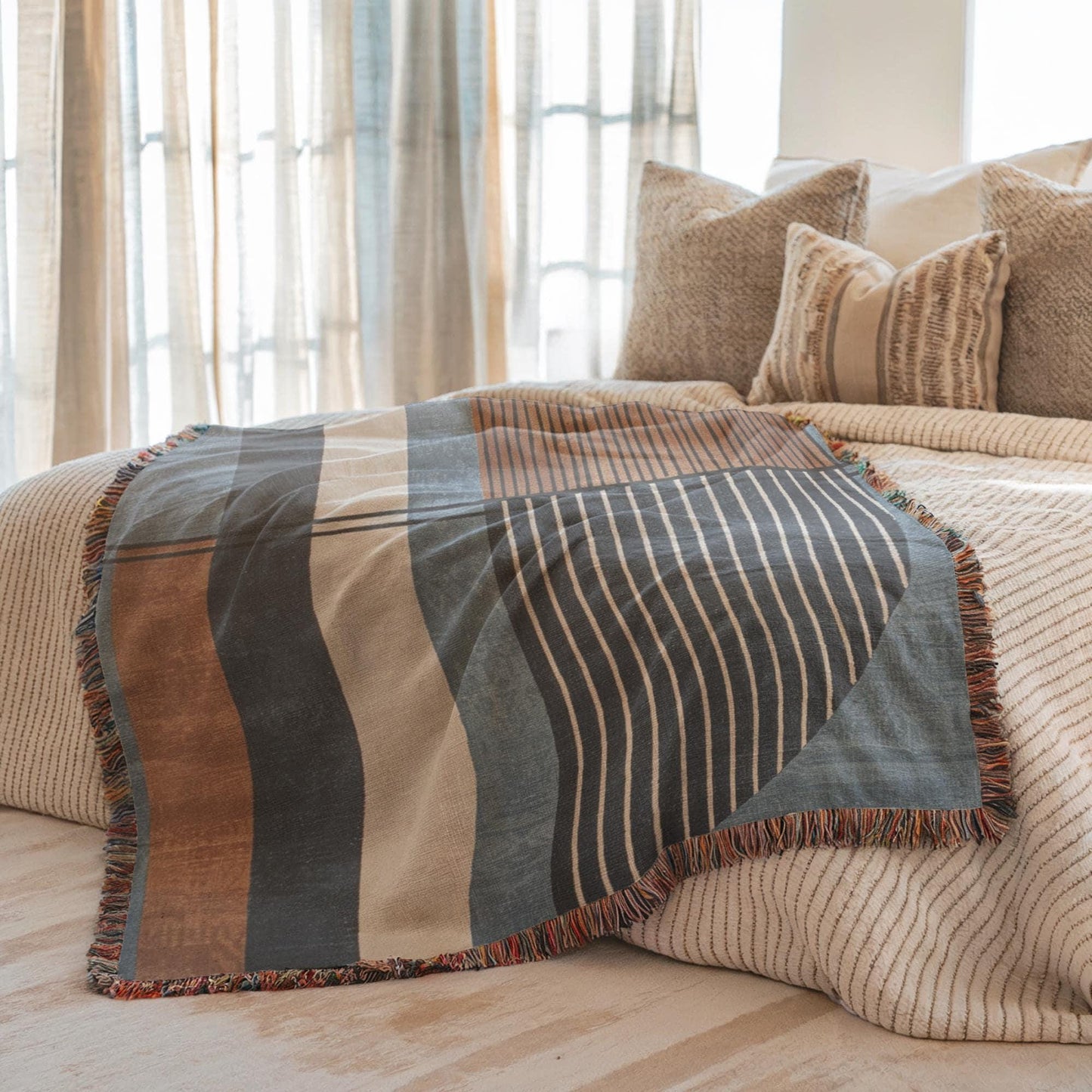 Woven Cotton Blanket - Modern MCM Blue Rust Brown Throw with Colorful Fringed Edges