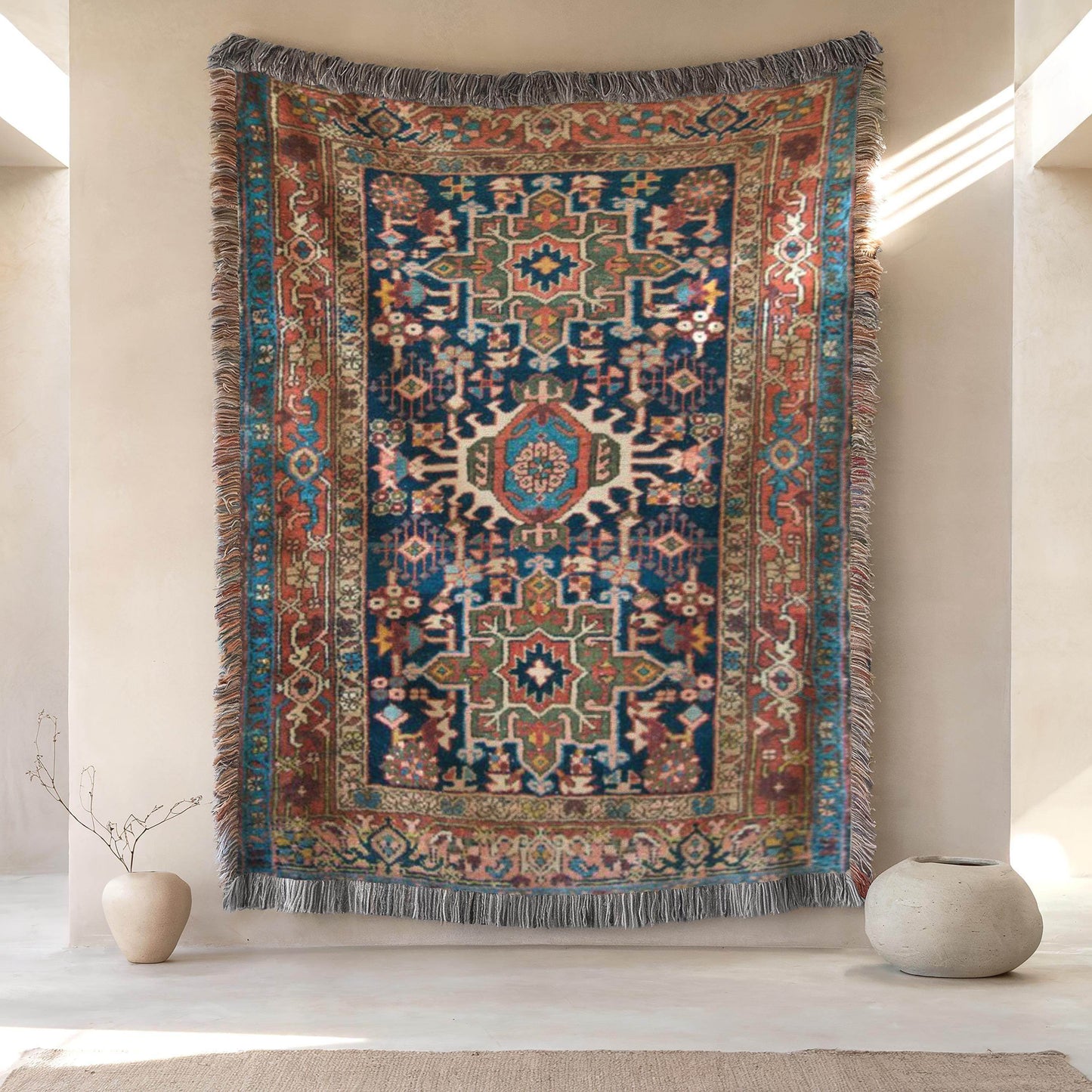 Turkish Rug Tapestry - Large Woven Cotton Textile Wall Hanging with Vibrant Fringed Edges - timelessbohochic.com