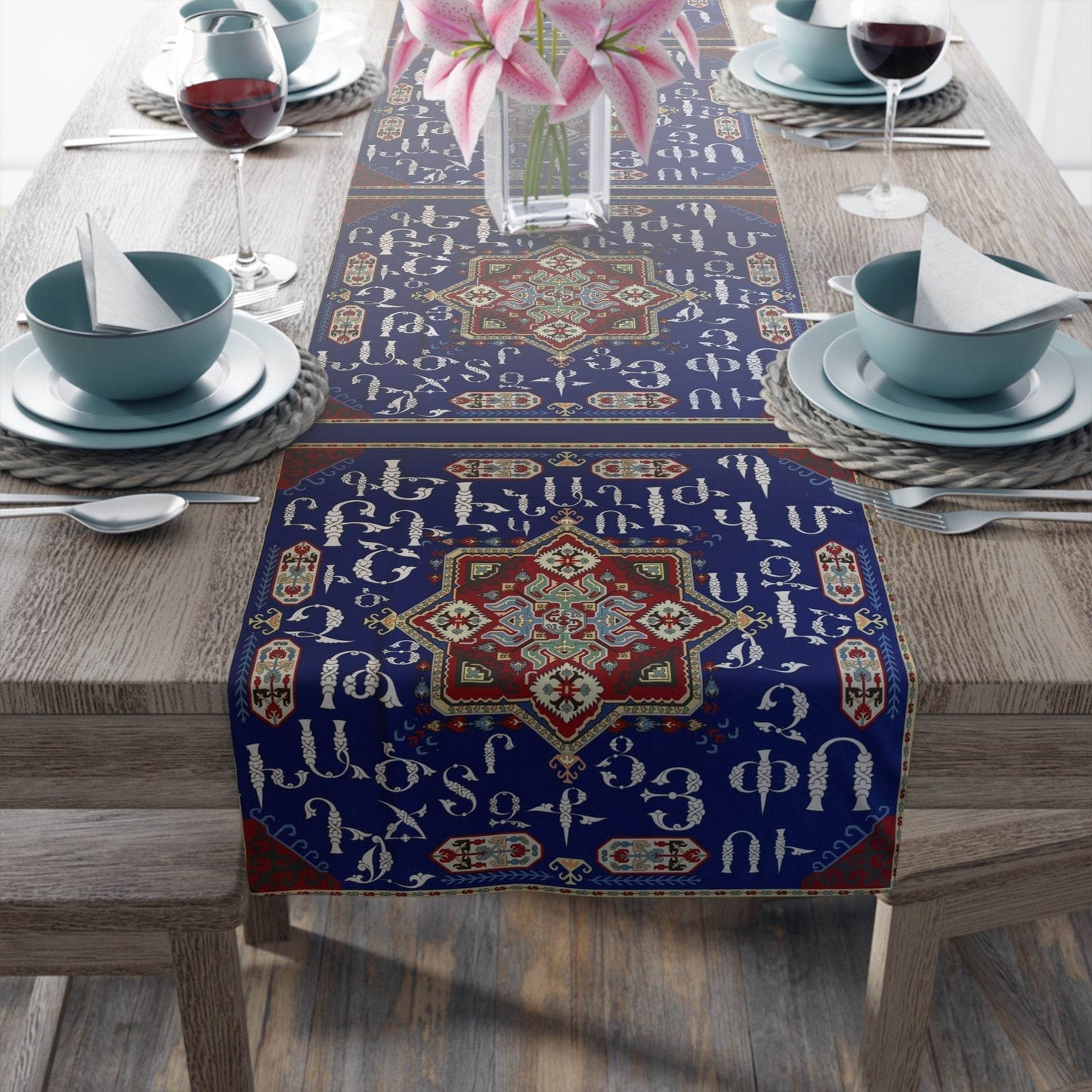 Armenian Table Runner – Blue White Runner | Handcrafted Ethnic Table Decor - timelessbohochic.com