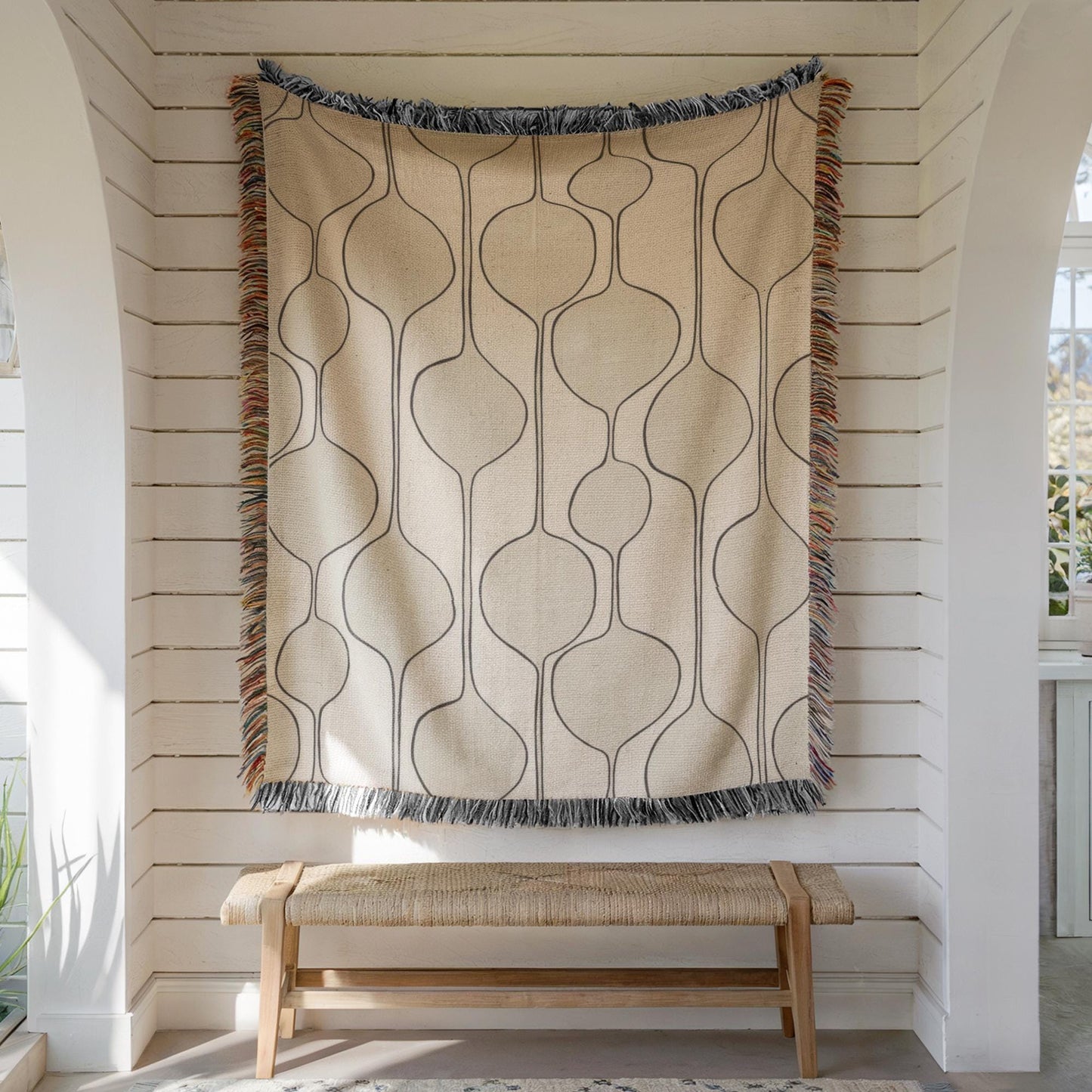 Mid Century Modern Tapestry - Woven Cotton Wall Hanging With Boho Fringed Edges