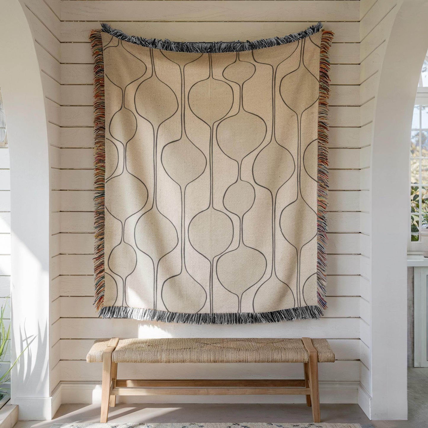 Mid Century Modern Tapestry - Woven Cotton Wall Hanging With Boho Fringed Edges - timelessbohochic.com
