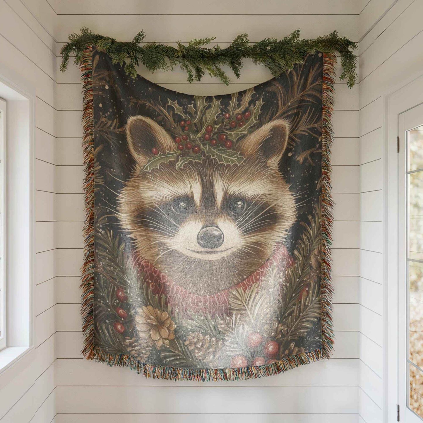 Xmas Racoon Tapestry - Cozy Woven Blanket | Woodland Animal Decor | Christmas Home Accent - timelessbohochic.com