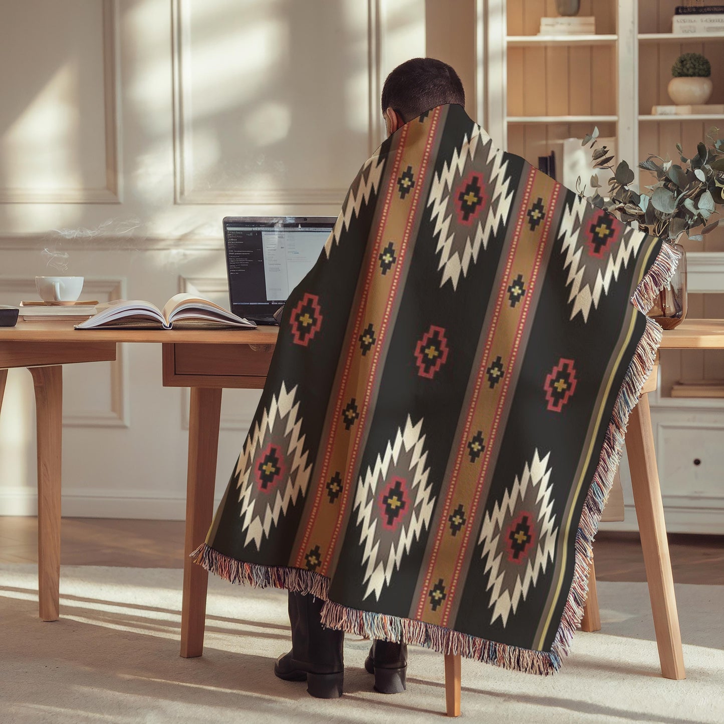 A person is sitting at a desk, wrapped in a colorful, patterned blanket, using a laptop computer.