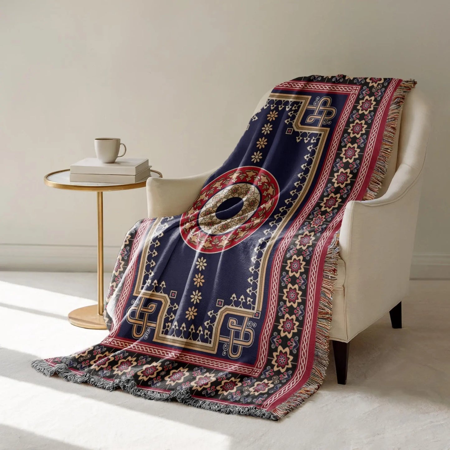 Woven Kilim Blanket - Bohemian Couch Throw With Persian Rug Pattern & Colorful Fringed Edges