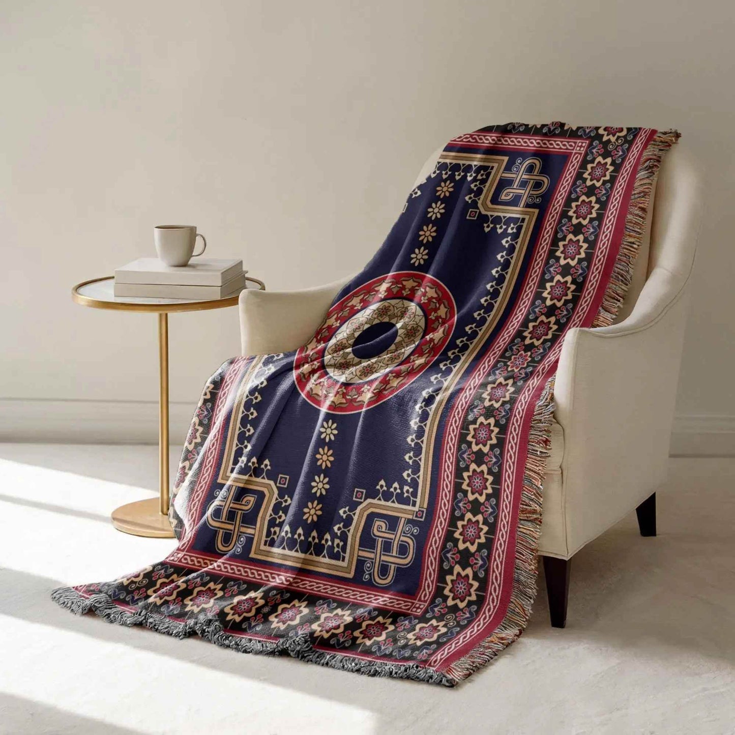 Woven Kilim Blanket - Bohemian Couch Throw With Persian Rug Pattern & Colorful Fringed Edges - timelessbohochic.com