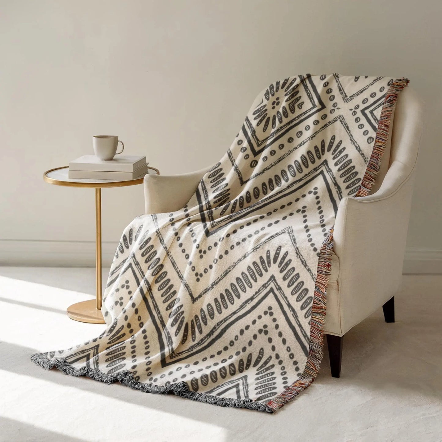 Woven Throw Blanket - Black and White Ikat Pattern Cotton Cozy Couch Throw
