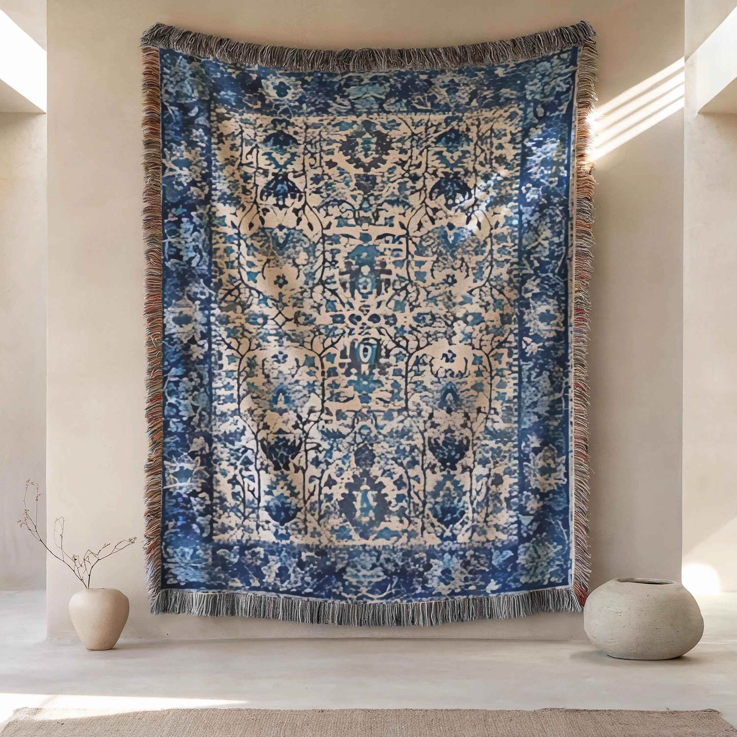 Cotton Throw Blanket - Woven Persian Pattern Rug with Fringed Edge, Soft Cozy - timelessbohochic.com