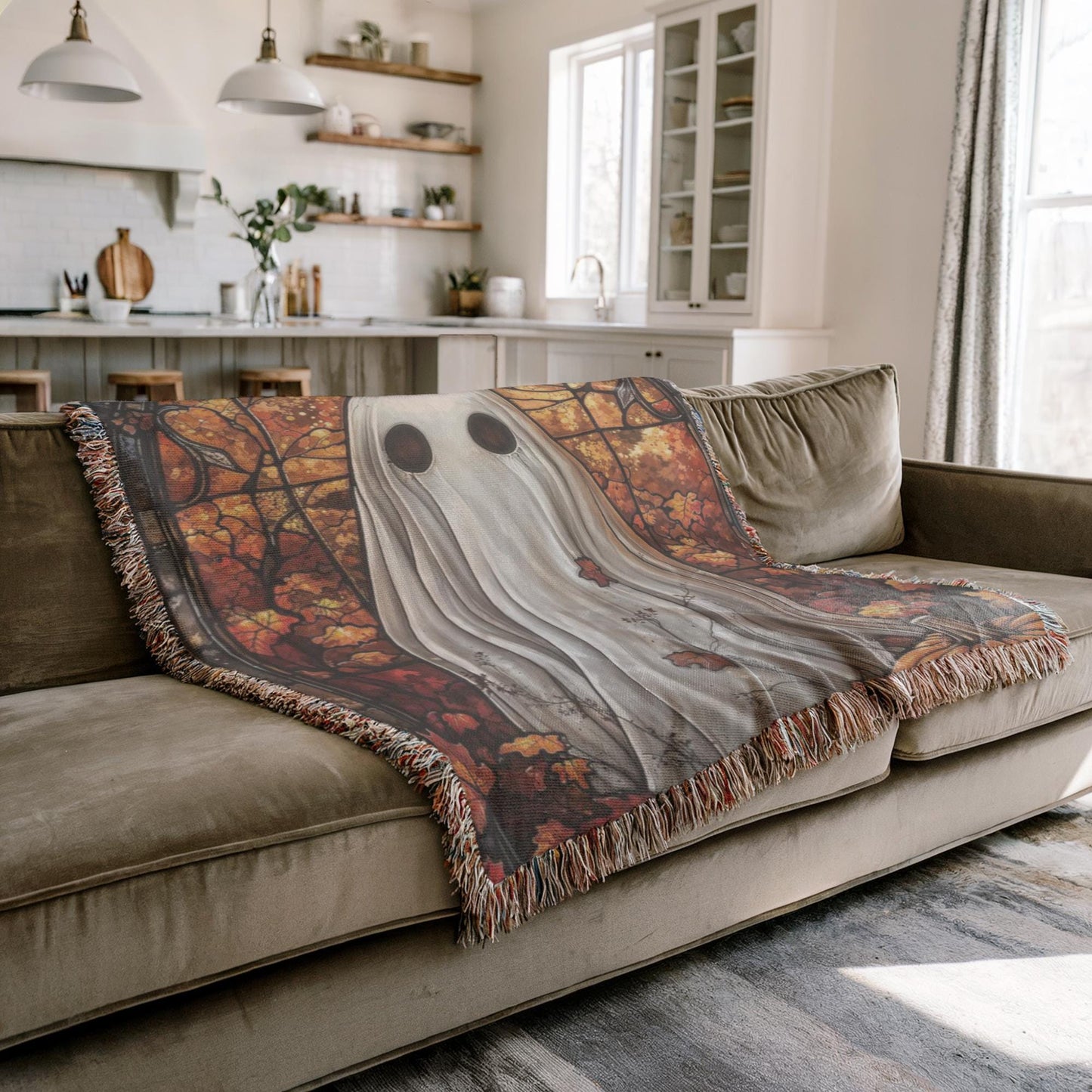Halloween Living-Room Blanket – Ghost Pumpkin Throw With Stained Glass Design