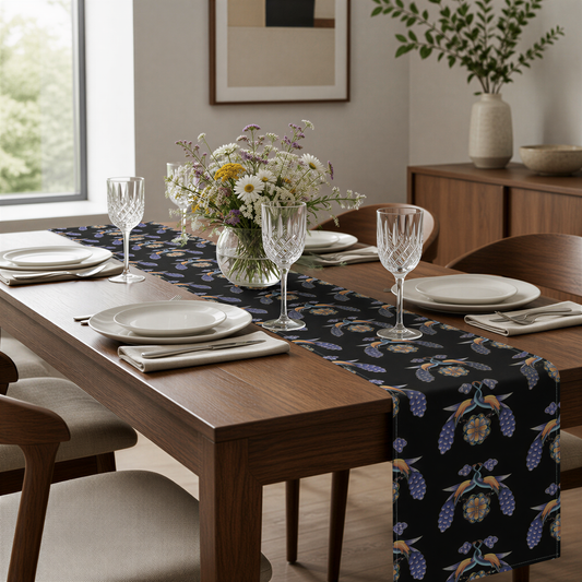 Black Armenian bird and flower table runner on a dining table with wooden chairs and a bowl of fruit