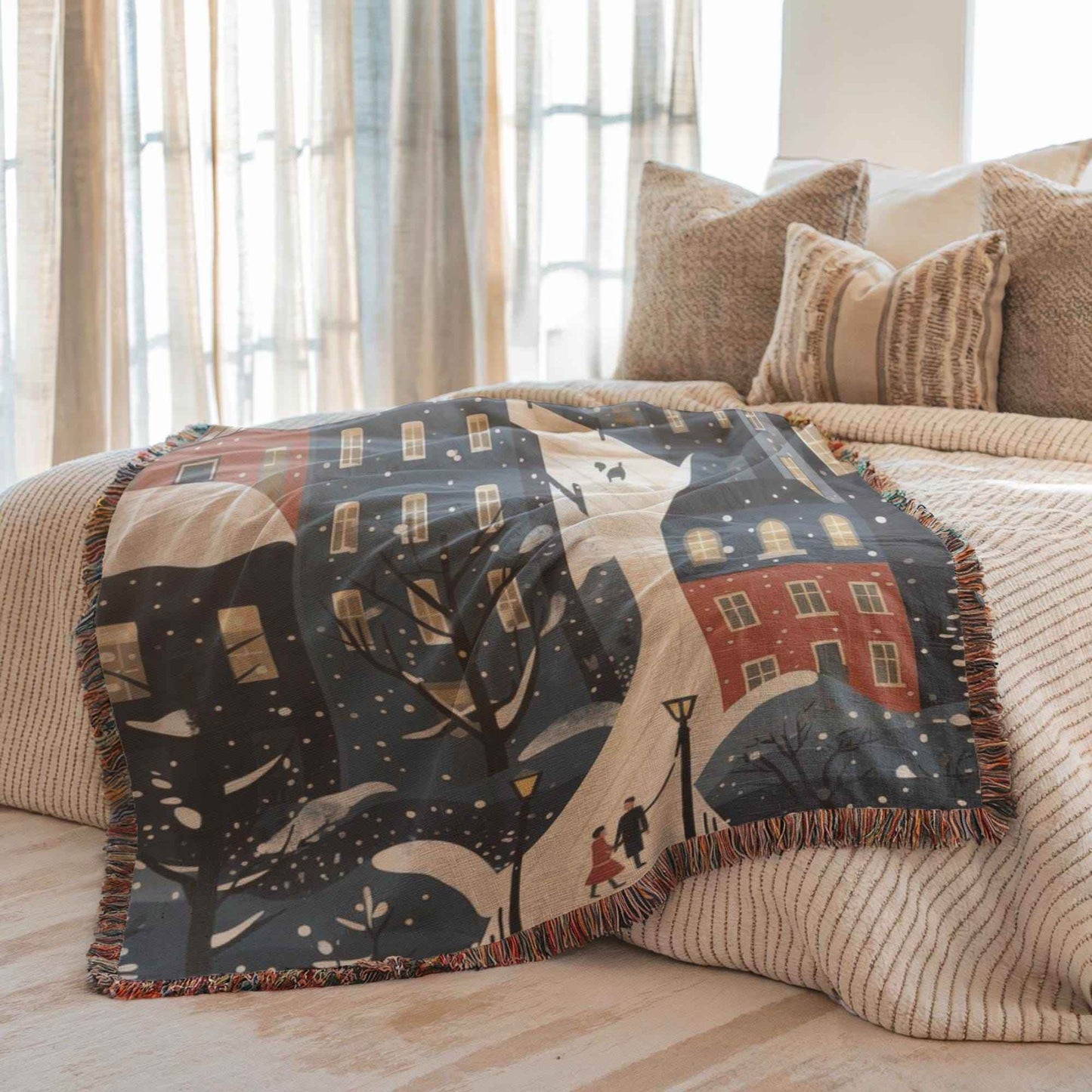 Xmas Village Throw Blanket – Cozy Cotton Woven Holiday Decor with Fringed Edges - timelessbohochic.com