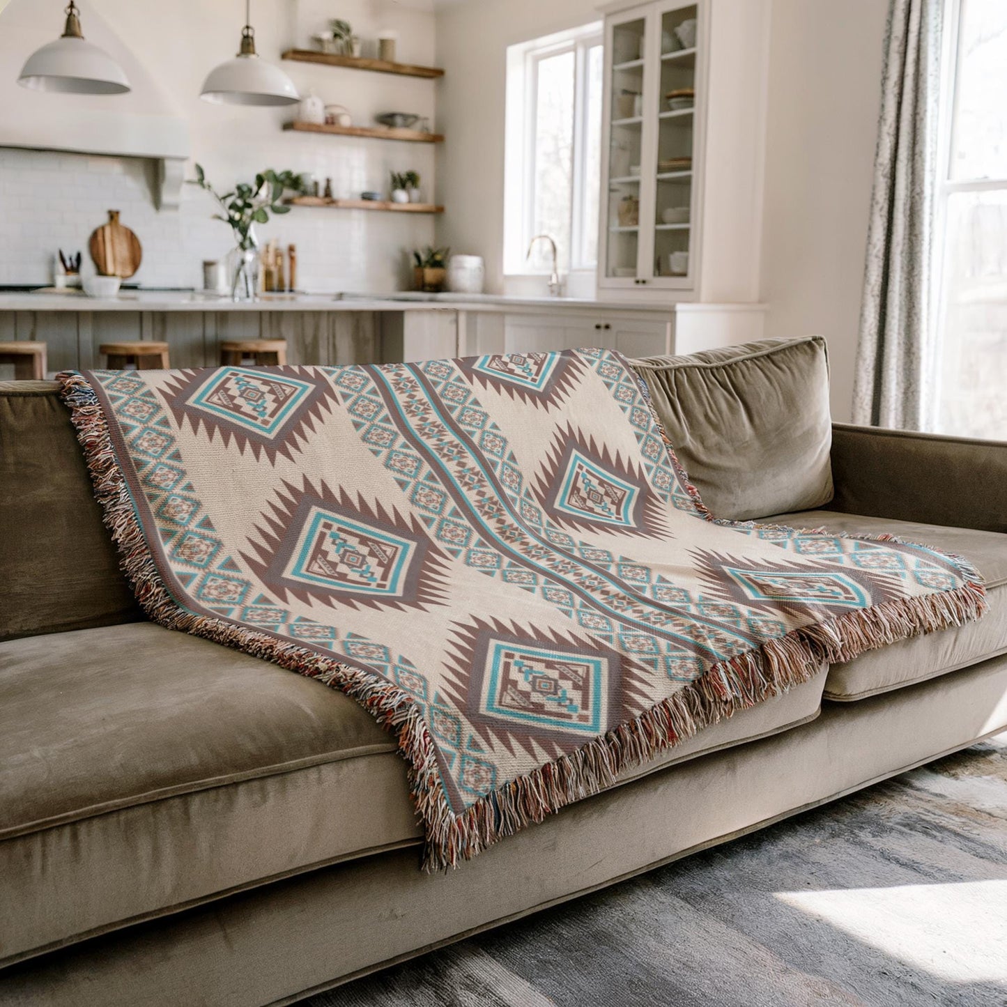a cozy living room with a brown sofa and a patterned throw blanket on it. The room has a kitchen area with a sink and cabinets visible in the background.