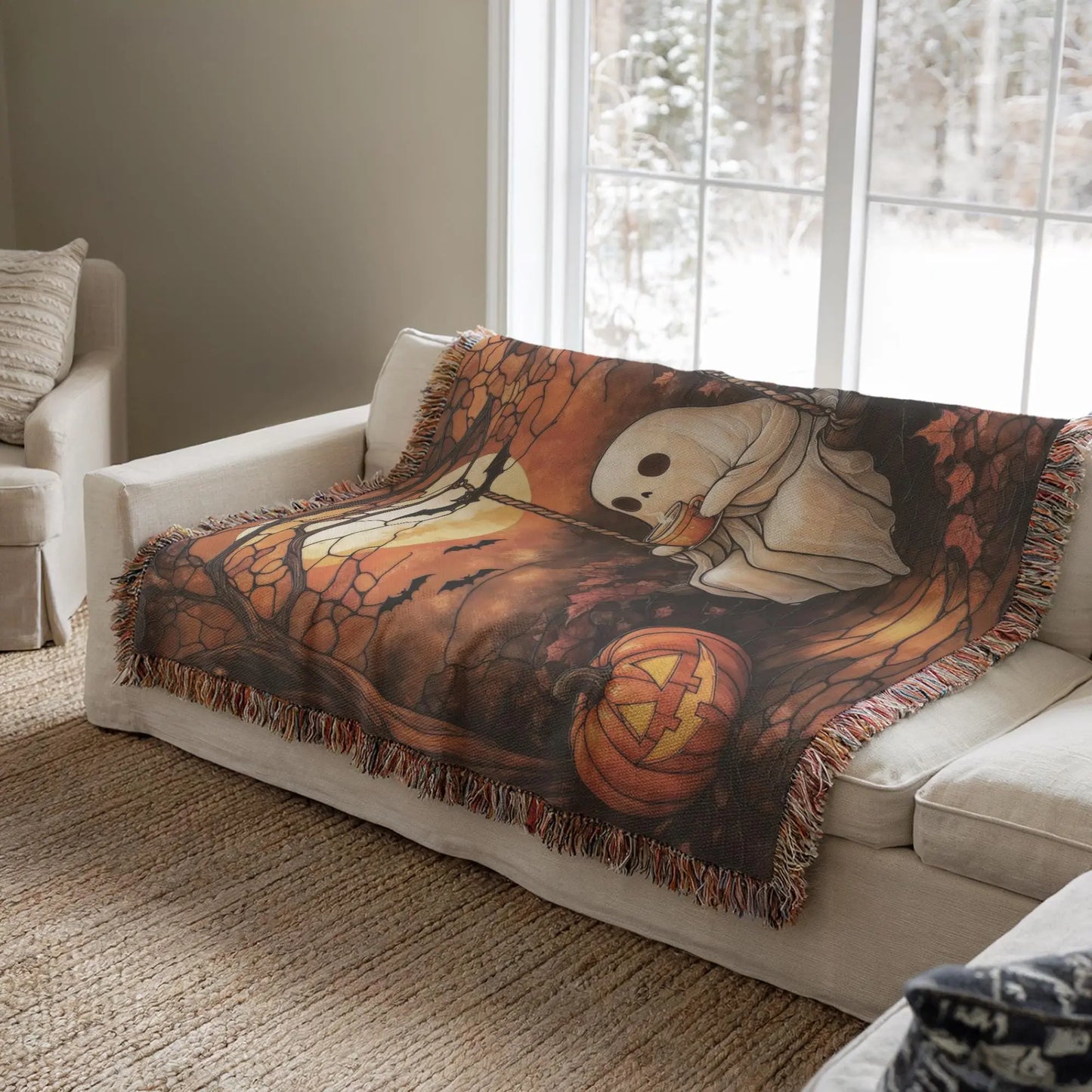 Moon Ghost Blanket - Cozy Halloween Throw Blanket With Pumpkin & Bat Design
