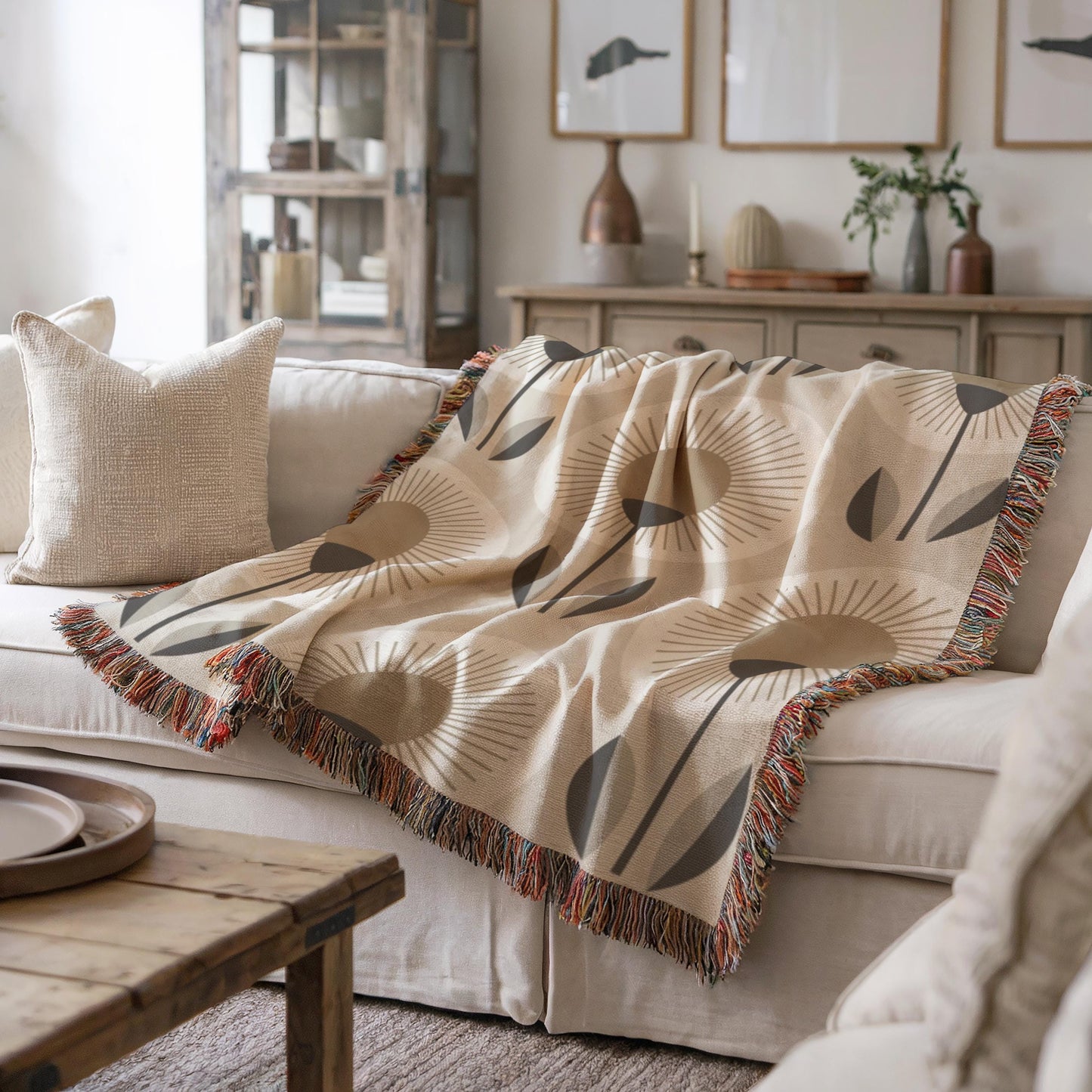 Cotton Woven Blanket - Floral Throw With Textured Fabric & Fringed Edges